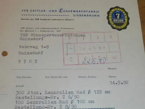 VEB Sattler- und Lederwaren in Siebenbrunn / Schwerin ,1990 ,Hr. Ehrlich ,Hr. Pfeiffer alte Rechnung , Reklame / Werbung