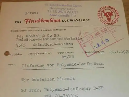 VEB Fleischkombinat Ludwigslust , 1970 , Hr. Marschmeyer , Hr. Braun , alte Rechnung , Reklame / Werbung !