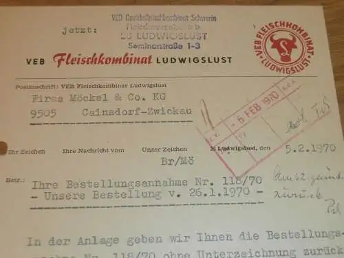 VEB Fleischkombinat Ludwigslust , 1970 , Hr. Marschmeyer , Hr. Braun , alte Rechnung , Reklame / Werbung !