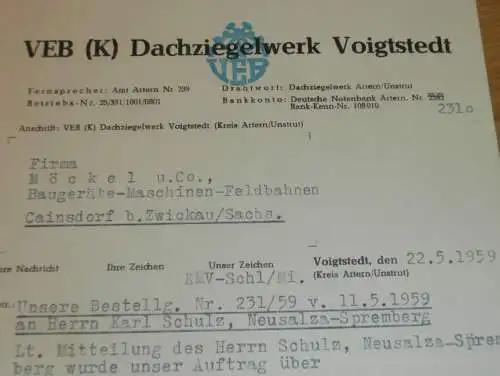 VEB Dachziegelwerk Voigtstedt b. Artern , 1959 , Hr. Schlüfter , alte Rechnung , Reklame / Werbung !