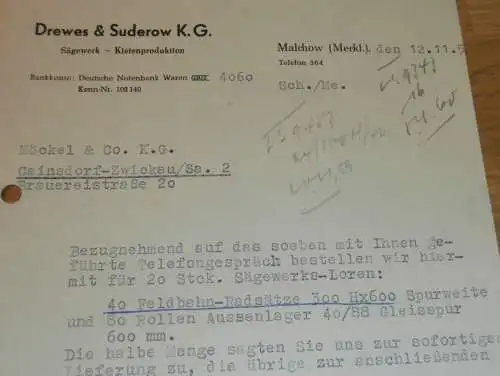 Sägewerk - Drewes & Suderow in Malchow i. Meckl., 1959 , alte Rechnung , Reklame / Werbung !