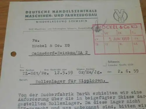 Maschinen- und Fahrzeugbau in Schwerin , 1959 , Hr. Grünefeld , Fr. Merkel , alte Rechnung , Reklame / Werbung !
