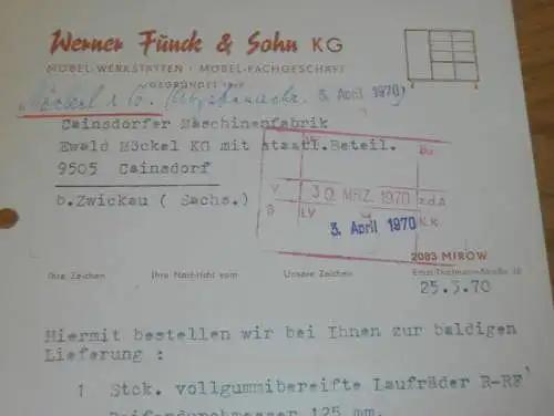 Möbel - Fachgeschäft , Wernen Funck & Sohn in Mirow i. Meckl., 1970 , alte Rechnung , Reklame / Werbung !
