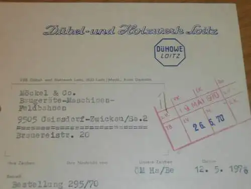 Dübel- und Holzwerk DÜHOWE in Loitz , 1970 , Hr. Brandtner , Hr. Hinz , alte Rechnung , Reklame / Werbung !