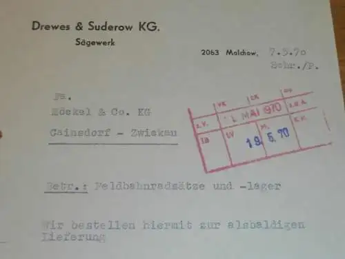 Sägewerk - Drewes & Suderow KG in Malchow , 1970 , alte Rechnung , Reklame / Werbung !