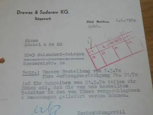 Sägewerk - Drewes & Suderow KG in Malchow , 1970 , alte Rechnung , Reklame / Werbung !