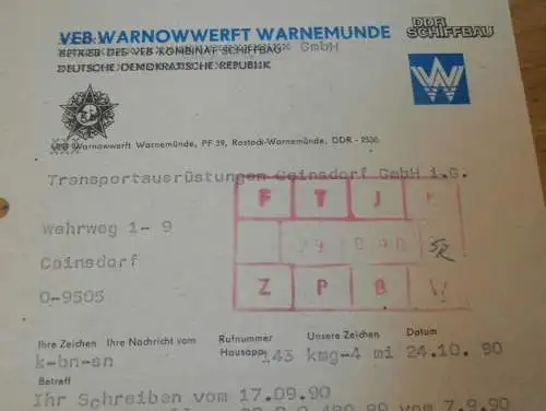 VEB Warnowwerft Warnemünde - Schiffbau , 1990 , Hr. Meyke , Hr. Milz , alte Rechnung , Reklame / Werbung !