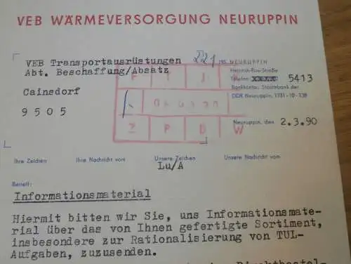 VEB Wärmeversorgung Neuruppin , 1990 , Hr. Ludwig , alte Rechnung , Reklame / Werbung !