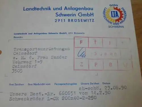 Landtechnik und  Anlagenbau in Brüsewitz b. Schwerin , 1990 , Hr. Ahlers , alte Rechnung , Reklame / Werbung !