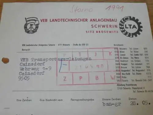 VEB Landtechnischer Anlagenbau in Brüsewitz b. Schwerin , 1990 , Hr. Bandilla , alte Rechnung , Reklame / Werbung !