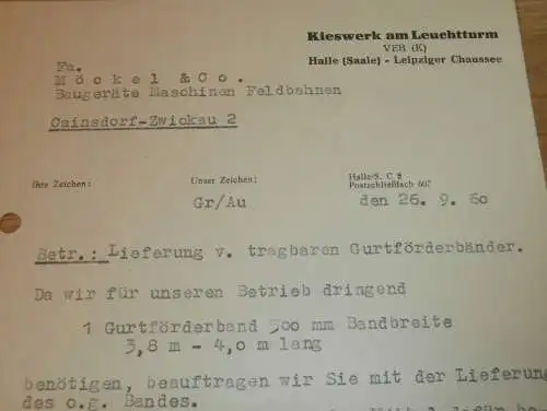 Kieswerk am Leuchtturm in Halle a. Saale , 1960 , Hr. Misselwitz , Hr. Grzeskowiak , alte Rechnung , Reklame / Werbung !