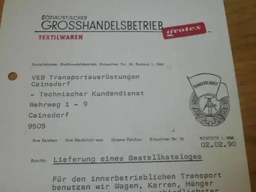 Sozialistischer Grosshandelsbetrieb GROTEX in Rostock , 1990 , Hr. Döring , alte Rechnung , Reklame / Werbung !!
