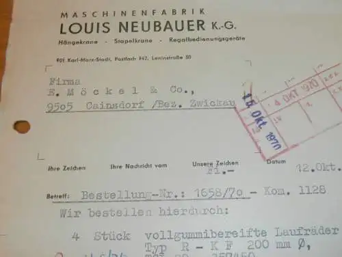 Maschinenfabrik - Louis Neubauer KG in Karl-Marx-Stadt , 1970 , Hr. Enders , alte Rechnung , Reklame / Werbung !!