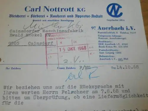 Bleicherei und Färberei - Carl Nottrott KG in Auerbach i.V. , 1968 , alte Rechnung , Reklame / Werbung