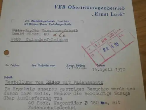 VEB Obertrikotagenbetrieb "Ernst Lücke" in Wittstock a. Dosse , 1970 , Hr. Zietzling , alte Rechnung , Reklame / Werbung