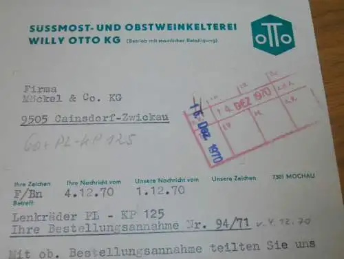 Kelterei - Willy Otto KG in Mochau b. Döbeln , 1970 , Most , Wein , Mosterei , alte Rechnung , Reklame / Werbung !!