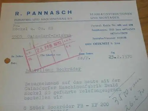 R. Pannasch - Industrie- und Maschinenbau KG in Oelknitz b. Jena , 1970 , alte Rechnung , Reklame / Werbung !!