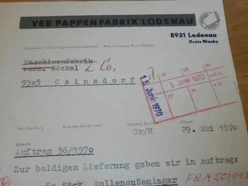 VEB Pappenfabrik Lodenau b. Niesky , 1970 , alte Rechnung , Reklame / Werbung !!