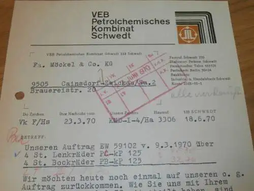 VEB Petrolchemisches Kombinat Schwedt , Hr. Lober , Hr. Arnoldt , 1970 , PCK , alte Rechnung , Reklame / Werbung !!