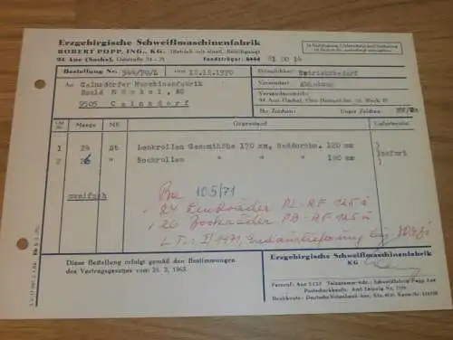 Erzgebirgische Schweißmaschinenfabrik - Robert Popp in Aue i. Sa. , 1970 , alte Rechnung , Reklame / Werbung !!