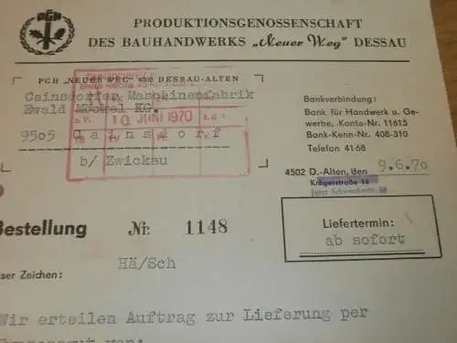 PGH Bauhandwerk " Neuer Weg " in Dessau , 1970 , alte Rechnung , Reklame / Werbung !!