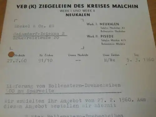VEB Ziegelei Neukalen und Pisede , 1960 , Malchin , alte Rechnung , Reklame / Werbung !!