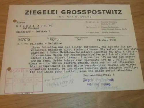 Ziegelei Grosspostwitz b. Bautzen - Max Schwarz , 1960 , alte Rechnung , Reklame / Werbung !!