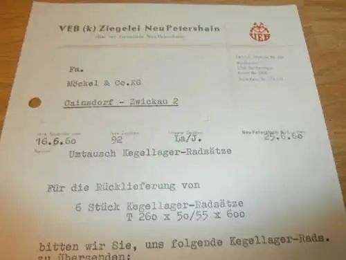 VEB Ziegelei Neu Petershain b. Welzow , 1960 , alte Rechnung , Reklame / Werbung !!