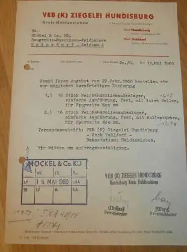 VEB Ziegelei Hundisburg b. Haldensleben , 1960 , Vahldorf , alte Rechnung , Reklame / Werbung !!