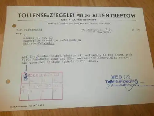 VEB Tollense - Ziegelei in Altentreptow , 1960 , alte Rechnung , Reklame / Werbung !!