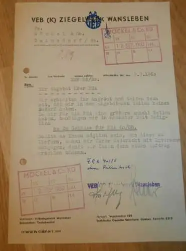 VEB Ziegelei Wansleben b. Teutschenthal , 1960 , alte Rechnung , Reklame / Werbung !!