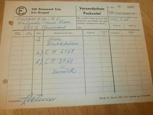 VEB Eisenwerk Erla i. Erzgebirge , 1968 , alte Rechnung , Reklame / Werbung !!