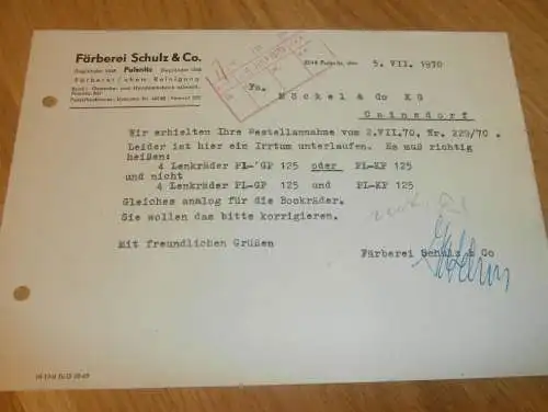 Färberei - Schulz & Co. in Pulsnitz , 1970 , alte Rechnung , Reklame / Werbung !!