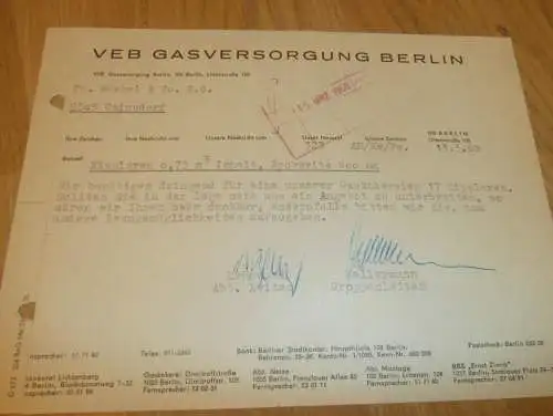 VEB Gasversorgung Berlin , Hr. Krünegel , Hr. Kellermann , 1968 , alte Rechnung , Reklame / Werbung !!