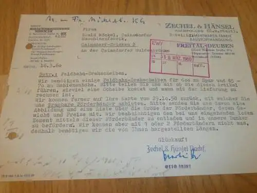 Baustoffhandel - Zechel & Hänsel in Freital - Deuben , 1960 , alte Rechnung , Reklame / Werbung !!