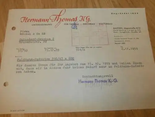 Kulturbau - Hermann Thomas KG in Bautzen , 1959 , alte Rechnung , Reklame / Werbung !!