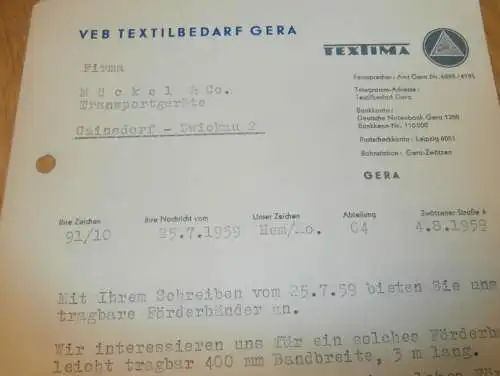 VEB Textilbedarf Gera - TEXTIMA , 1959 , alte Rechnung , Reklame / Werbung !!