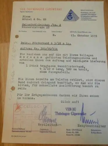 VEB Thüringer Gipswerke in Krölpa b. Pößneck , 1959 , alte Rechnung , Reklame / Werbung !!