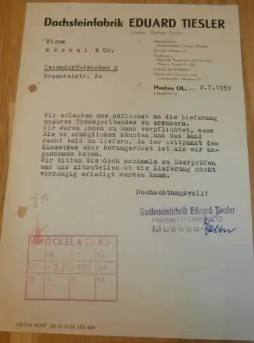 Dachsteinfabrik - Eduard Tiesler in Muskau OL., 1959 , alte Rechnung , Reklame / Werbung !!