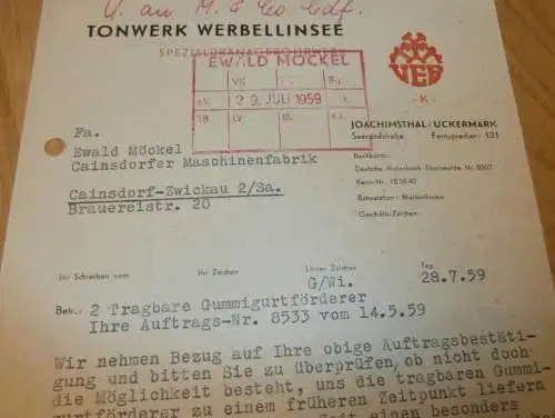 VEB Tonwerk Werbellinsee in Joachimsthal i. Uckermark , 1959 , Hr. Göckeritz , alte Rechnung , Reklame / Werbung !!