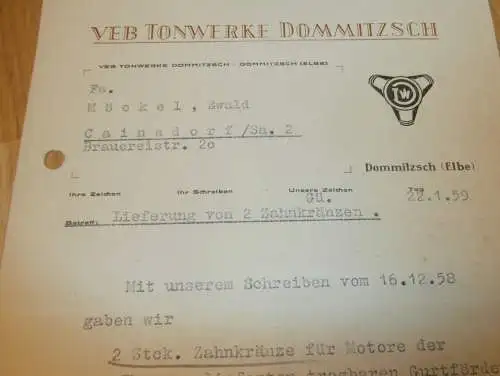 VEB Tonwerke Dommitzsch a. Elbe , 1959 , alte Rechnung , Reklame / Werbung !!