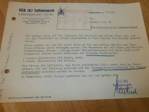 VEB Tuffsteinwerk in Grossbartloff b. Eichsfeld , 1959 , alte Rechnung , Reklame / Werbung !!