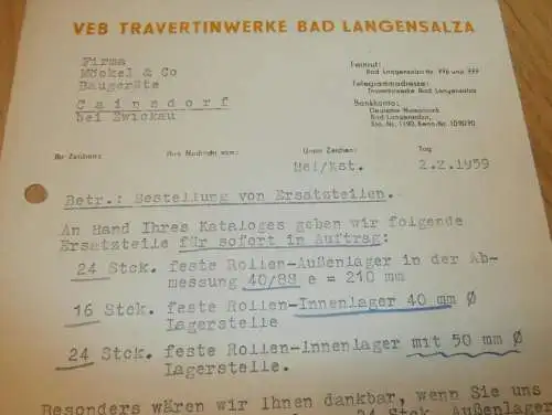 VEB Travertinwerke Bad Langensalza , Hr. Hellmundt , Hr. Kabisch , 1959 , alte Rechnung , Reklame / Werbung !!