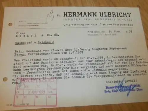 Betonbau - Hermann Ulbricht in Pirna a. Elbe , 1959 , alte Rechnung , Reklame / Werbung !!
