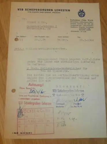 VEB Schiefergruben Lehesten , 1960 , Hr. Schlegel , Hr. Seythal , alte Rechnung , Reklame / Werbung !!