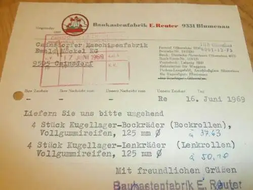 Baukastenfabrik - E. Reuter in Blumenau , 1969 , alte Rechnung , Reklame / Werbung !!