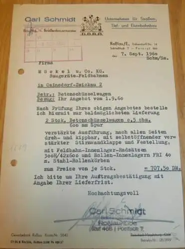 Eisenbahnbau - Carl Schmidt in Roßlau a. Elbe , 1960 , alte Rechnung , Reklame / Werbung !!