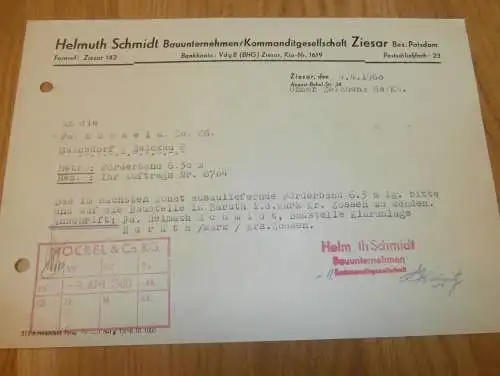 Bauunternehmen - Helmuth Schmidt in Ziesar b. Potsdam , 1960 , alte Rechnung , Reklame / Werbung !!