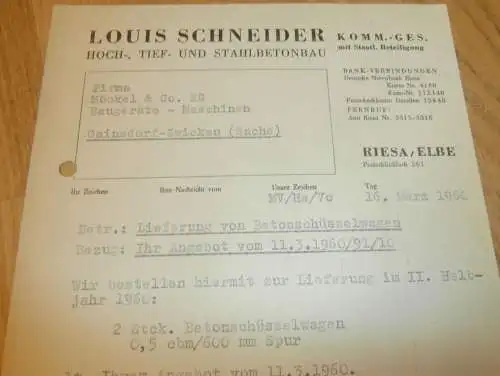 Stahlbetonbau - Louis Schneider KG in Riesa a. Elbe , 1960 , alte Rechnung , Reklame / Werbung !!