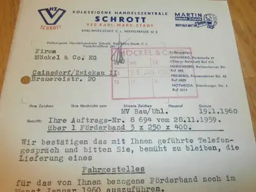 VEB Schrott Karl-Marx-Stadt , Hr. Uhlemann , 1960 , alte Rechnung , Reklame / Werbung !!